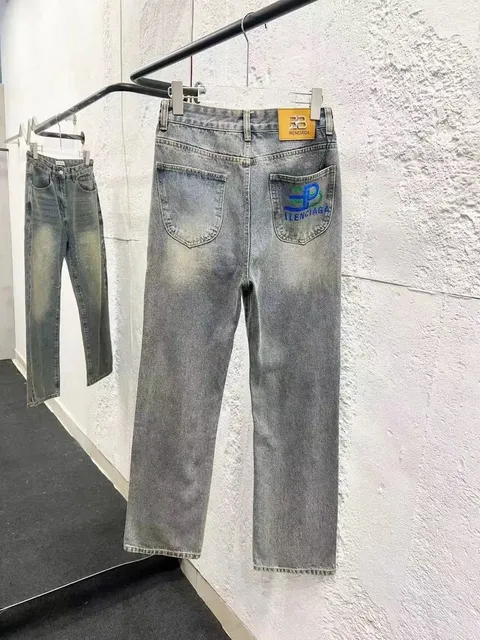Balenciaga Straight-Leg Jeans Washed Grey with Logo Patch