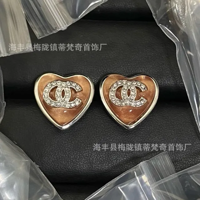 Chanel Heart Stud Earrings Coco Logo with Crystals