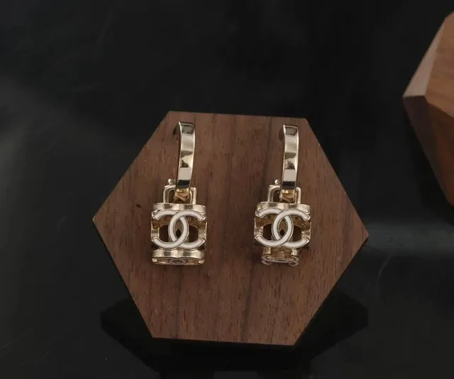 Chanel CC Lock Earrings Gold Tone with Enamel