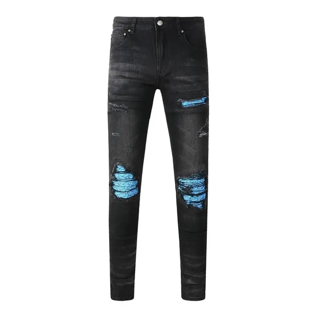Distressed Slim Fit Jeans Black with Blue Mesh Panels