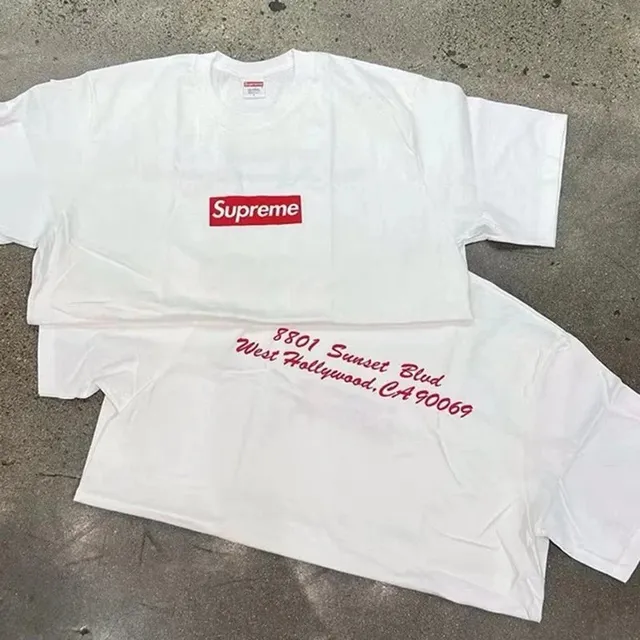 Supreme Box Logo Tee White with Red Box Logo and Sunset Blvd Print