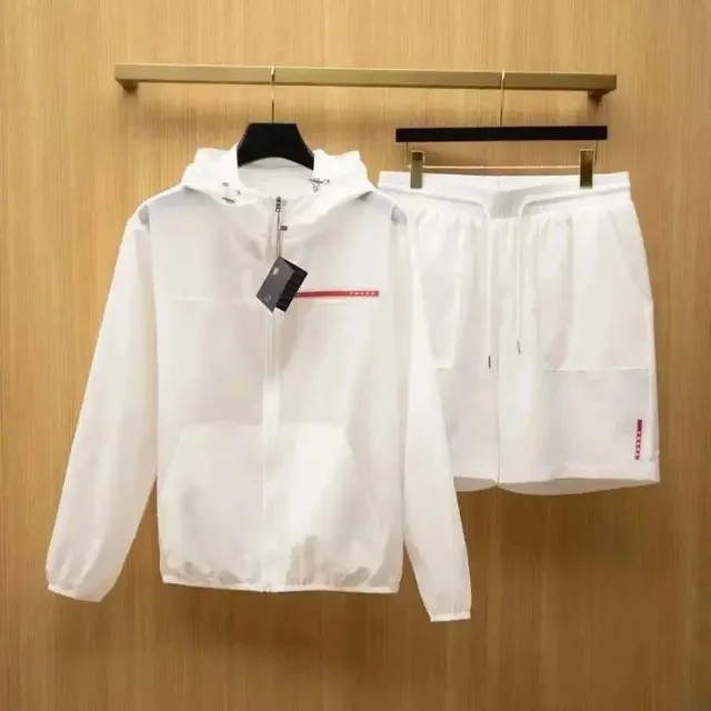 Prada Windbreaker and Shorts Set White with Red Logo Tape