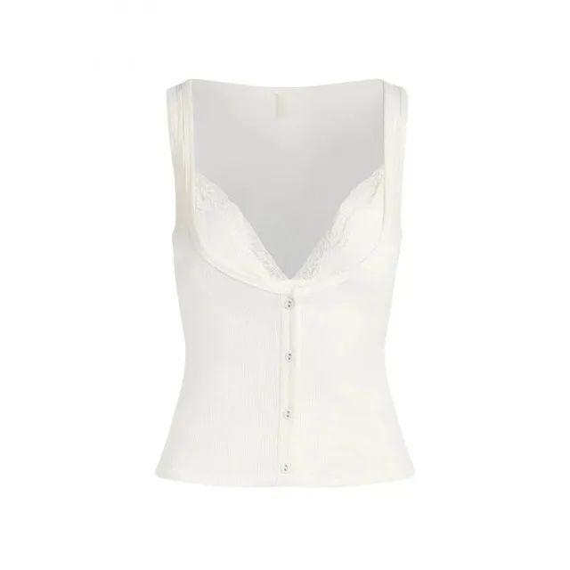 Ribbed Button-Front Tank Lace-Trimmed