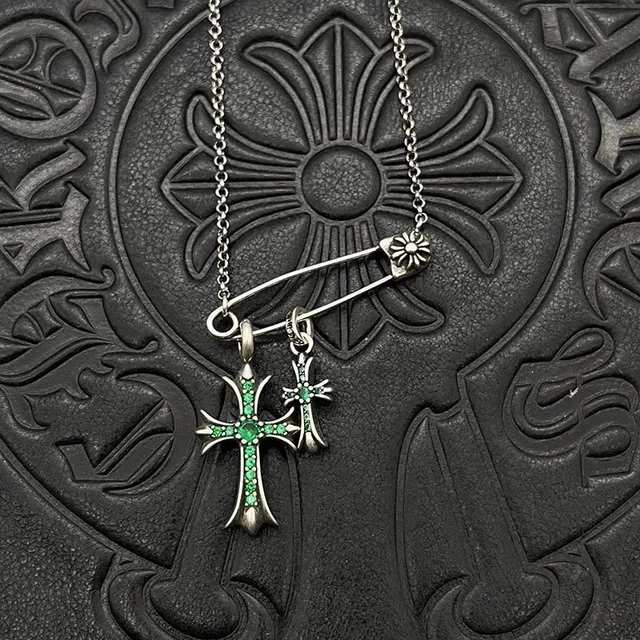 Chrome Hearts Cross Pendant Necklace Emerald Pave