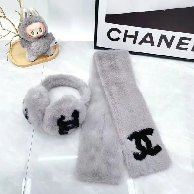 Chanel Faux Fur Scarf and Earmuffs Set CC Logo