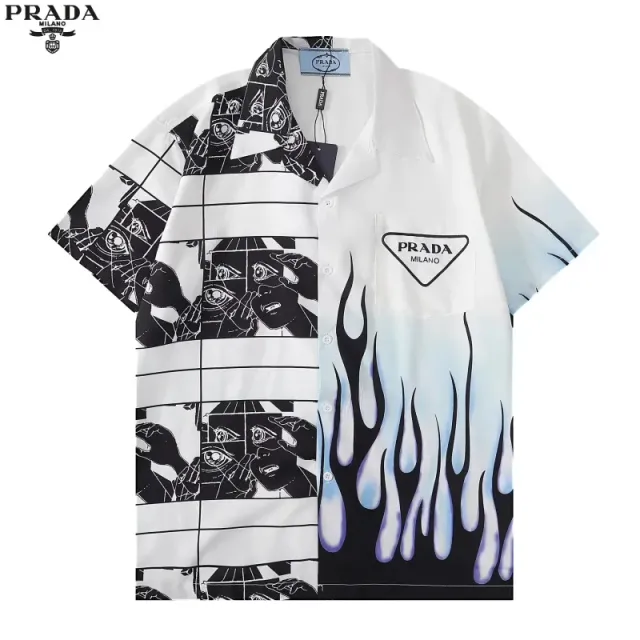Prada Printed Short-Sleeve Shirt Graphic Panel and Flame Print