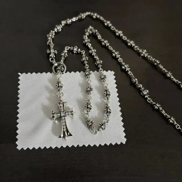 Chrome Hearts Cross Pendant Necklace Flower Link with Pave Diamonds