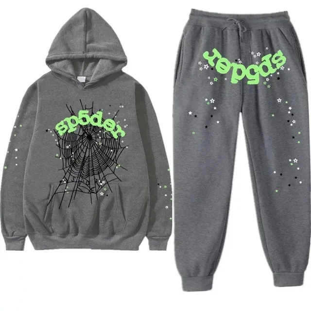 Sp5der Spider Web Hoodie and Joggers Set Neon Green Spider Web Print