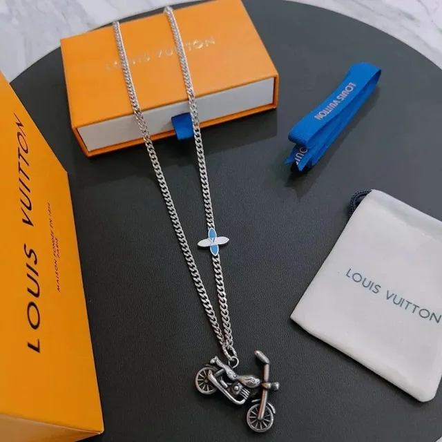Louis Vuitton Motorcycle Pendant Necklace Silver-tone with Blue Enamel
