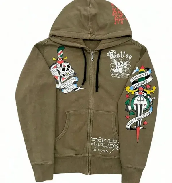 Ed Hardy Zip-Up Hoodie Tattoo Print