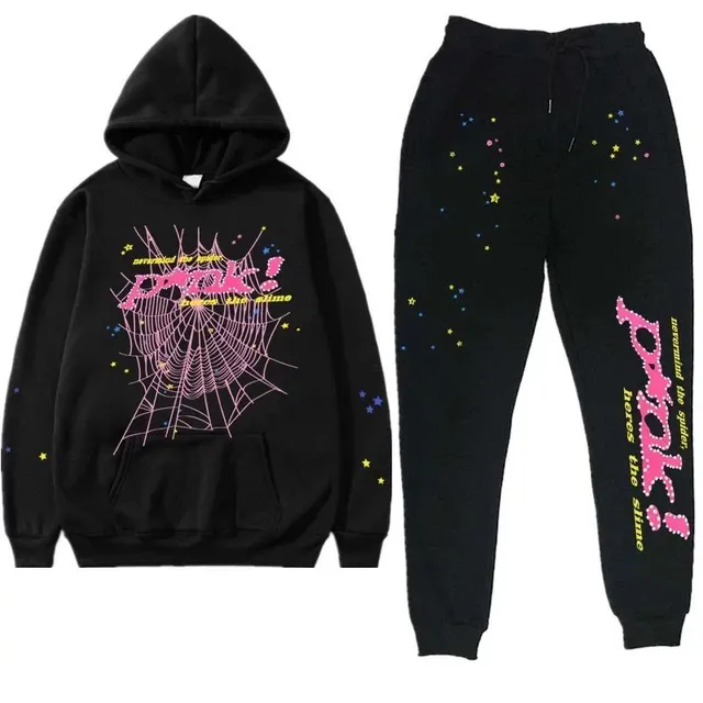 Sp5der Hoodie and Joggers Set Spiderweb and Stars Print