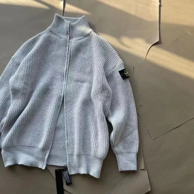 Stone Island Zip-Up Knit Cardigan Ribbed Wool Blend
