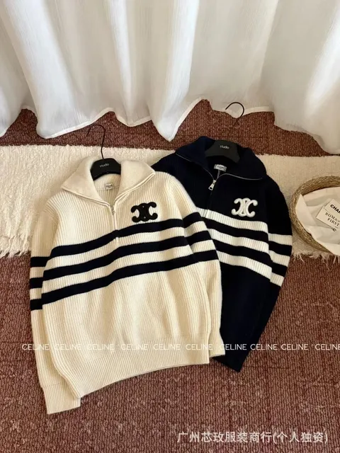 Celine Half-Zip Knit Sweater Striped CC Logo