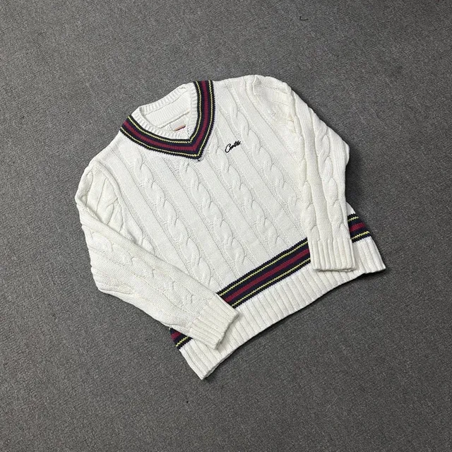 Fred Perry Cable Knit V-Neck Sweater Tipped Collar and Hem