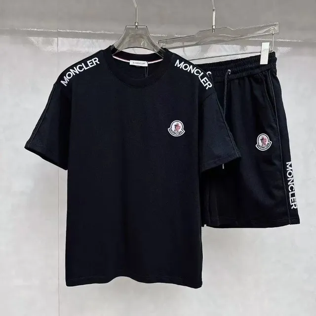 Moncler Logo T-Shirt and Shorts Set Black with White Logo Tape