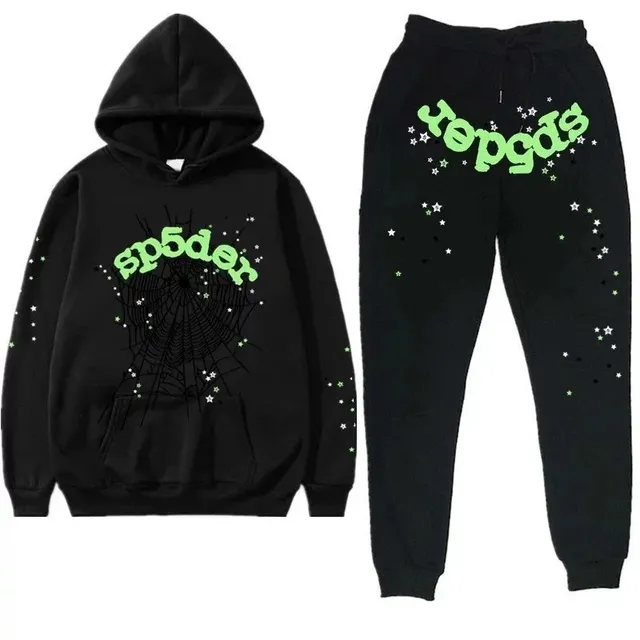 Sp5der Spider Web Hoodie and Joggers Set Neon Green Spider Logo