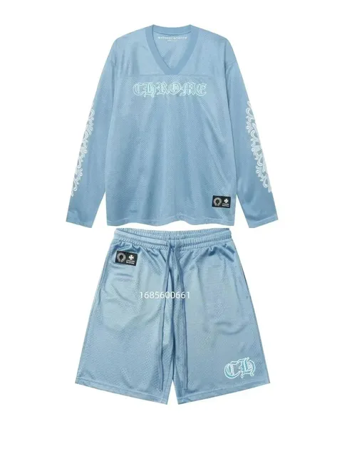 Chrome Hearts Mesh Long-Sleeve Top and Shorts Set Light Blue Mesh