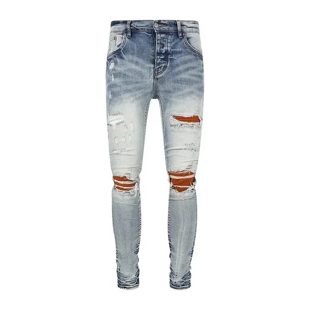 Distressed Slim Fit Jeans Light Wash with Orange Lining