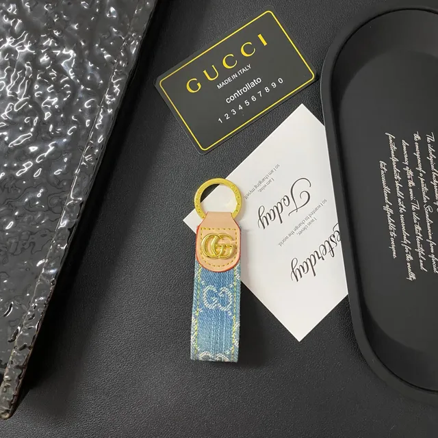 Gucci GG Marmont Keychain Denim with Leather Trim