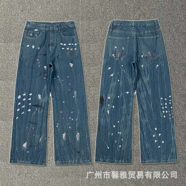 Paint-Splatter Wide-Leg Jeans Distressed Artistic Print