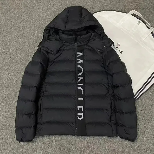 Moncler Logo Tape Puffer Jacket Black with White Logo Tape