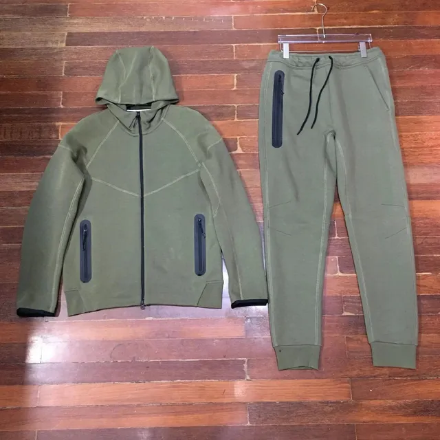 Nike Tech Fleece Hoodie and Joggers Olive Green with Black Accents