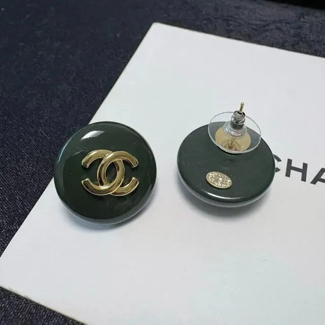 Chanel CC Logo Stud Earrings Jade Resin with Gold-Tone CC