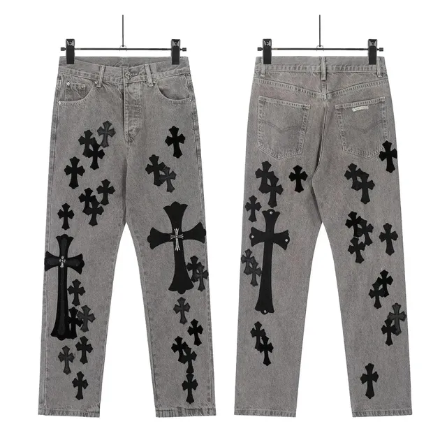 Chrome Hearts Cross Patch Jeans Grey with Black Cross Patches