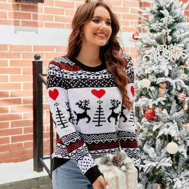 Fair Isle Knit Sweater Christmas Reindeer Heart Print