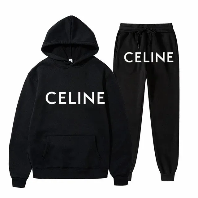 Celine Logo Hoodie and Joggers Set Black with White Logo