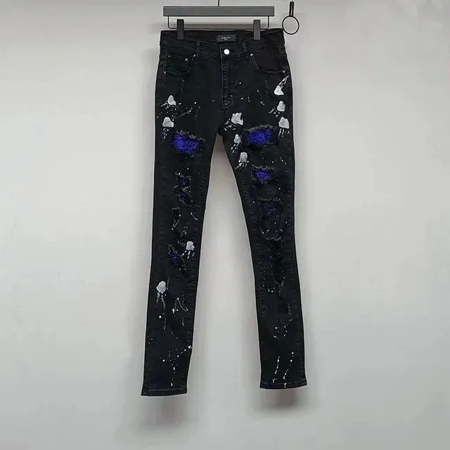 Amiri Distressed Jeans Crystal-Embellished Paint Splatter
