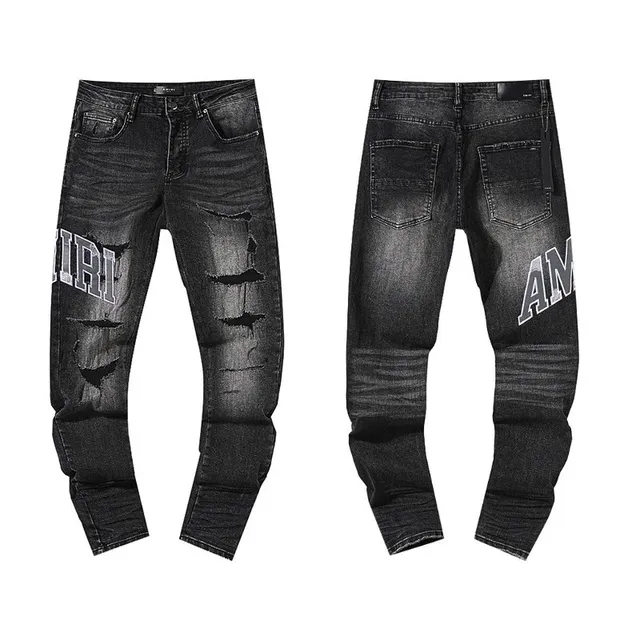 Amiri Distressed Logo Jeans Black Wash with Torn Details