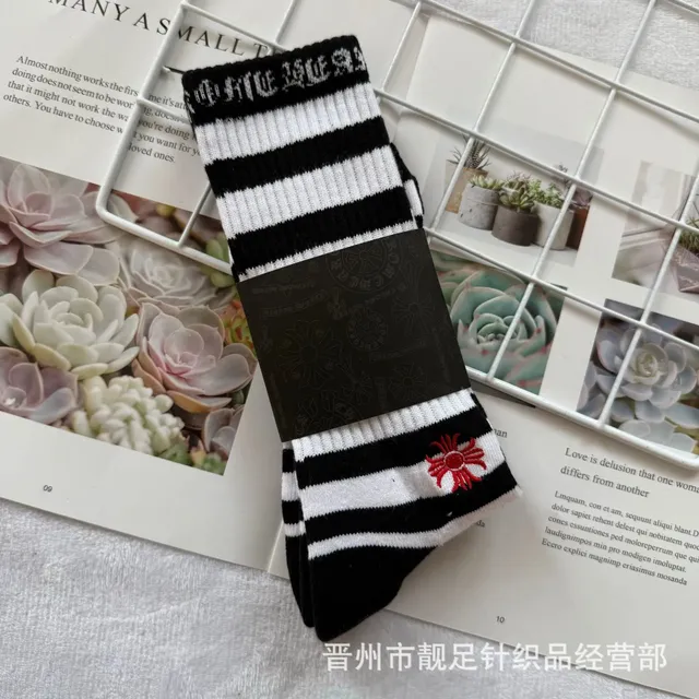 Chrome Hearts Striped Crew Socks Cross Logo & Sun Embroidery