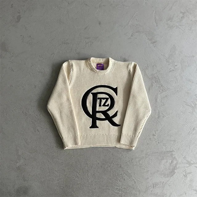 Corteiz Logo Knit Sweater Cream with Black Monogram