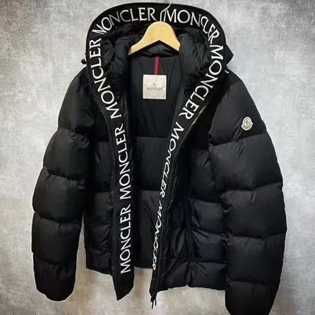 Moncler Logo Tape Puffer Jacket Black with White Logo Tape