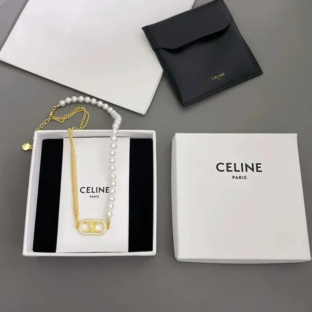 Celine Pearl Chain Necklace CC Logo Pendant