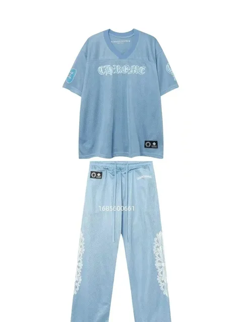 Chrome Hearts Mesh Jersey Set Light Blue with Embroidered Logo