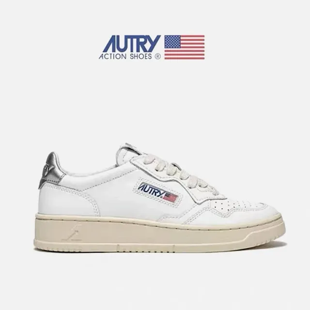 Autry Medalist Low White with Silver Heel and Flag Patch