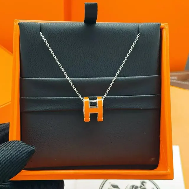 Hermès H Pendant Necklace Orange Enamel