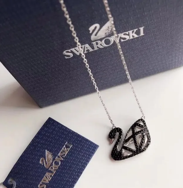 Swarovski Swan Pendant Necklace Black Crystal Swan