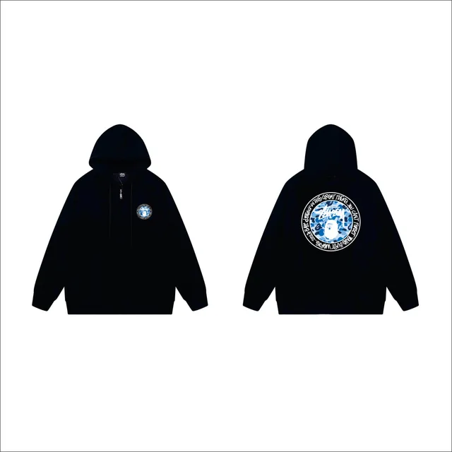 BAPE × Stüssy Zip-Up Hoodie Blue Camo Shark Logo