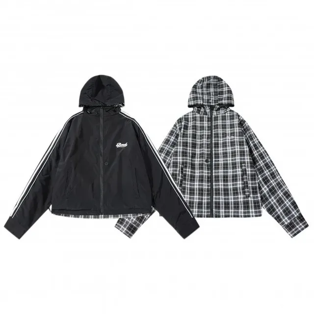 Adidas Hooded Windbreaker Jacket Two-Tone Plaid