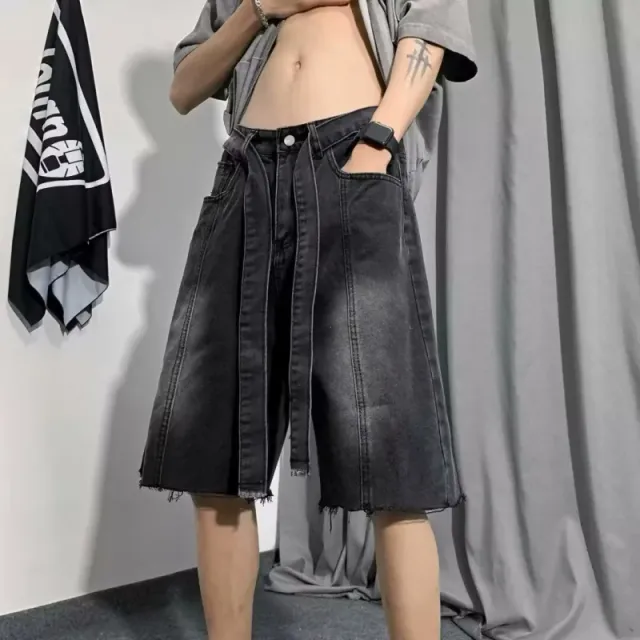 Denim Shorts Wide-Leg Belted