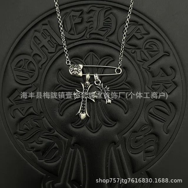 Chrome Hearts Cross Pendant Necklace Crystal-Embellished Cross with Safety Pin