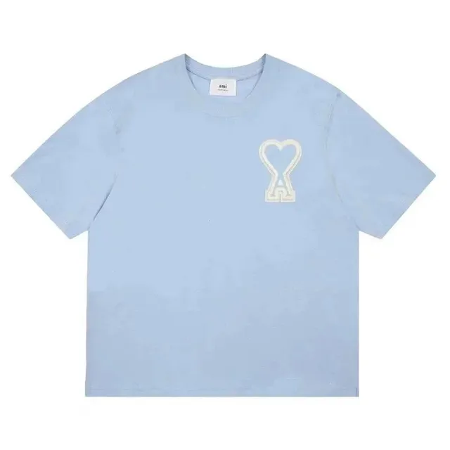 AMI Paris Heart Logo Tee Light Blue with Cream Embroidery