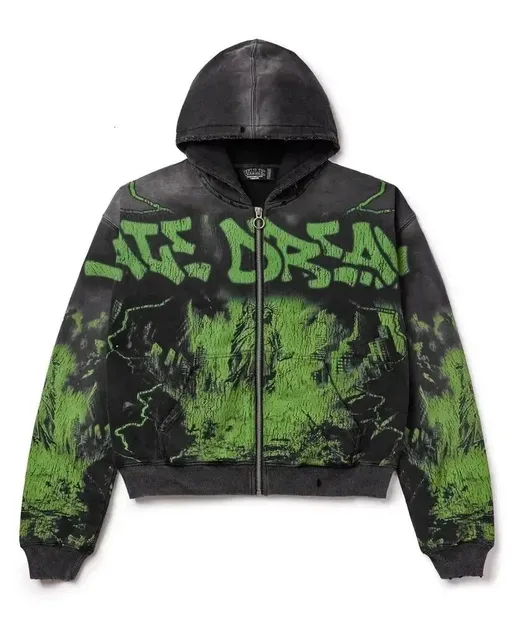 Broken Planet Zip-Up Hoodie Acid Wash Graffiti Print