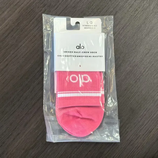 Alo Yoga Unisex Half-Crew Sock Pink with White Logo and Stripes