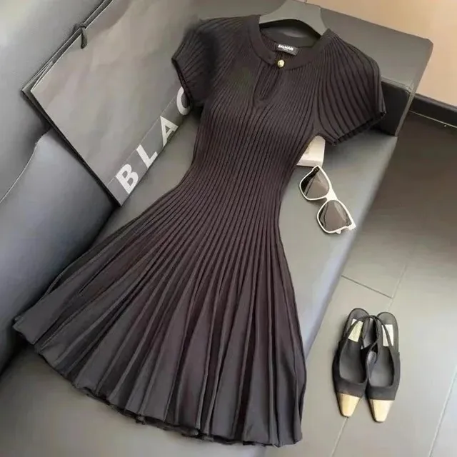 Balenciaga Pleated Knit Dress Ribbed Short-Sleeve
