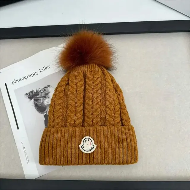 Moncler Knit Beanie Cable Knit with Fur Pom-Pom
