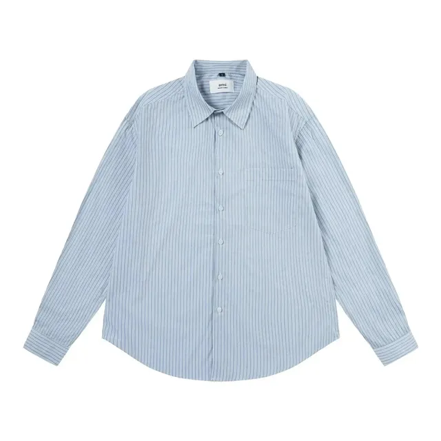 AMI Paris Striped Button-Up Shirt Light Blue and White Stripe